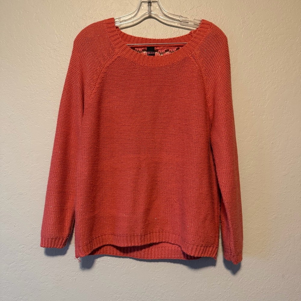Buzz, Women’s Coral Longsleeve Round Neck Bow Open Back Knit Sweater, Size M/L